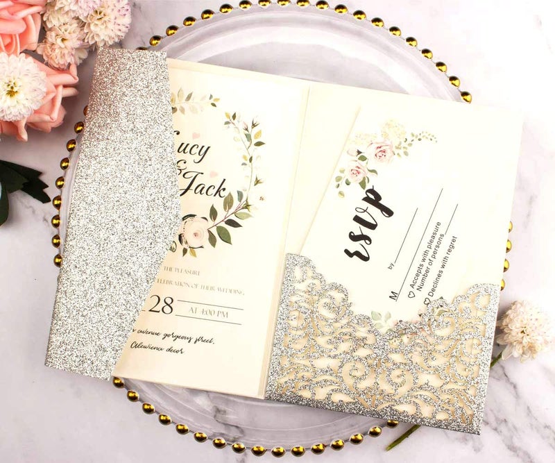 Lucky Star 25pcs 5"x7.28" Silver Glitter Vine Tri Fold Pocketfold Wedding Invitations Cards pocket Pearl Paper Laser Cut Hollow Carving Greeting invites Covers only no envelope no insert (silver glitter cover) - Image 5